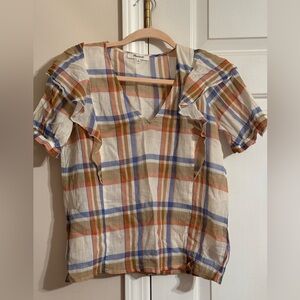 Madewell V-Neck Shoulder-Ruffle Top in Plaid